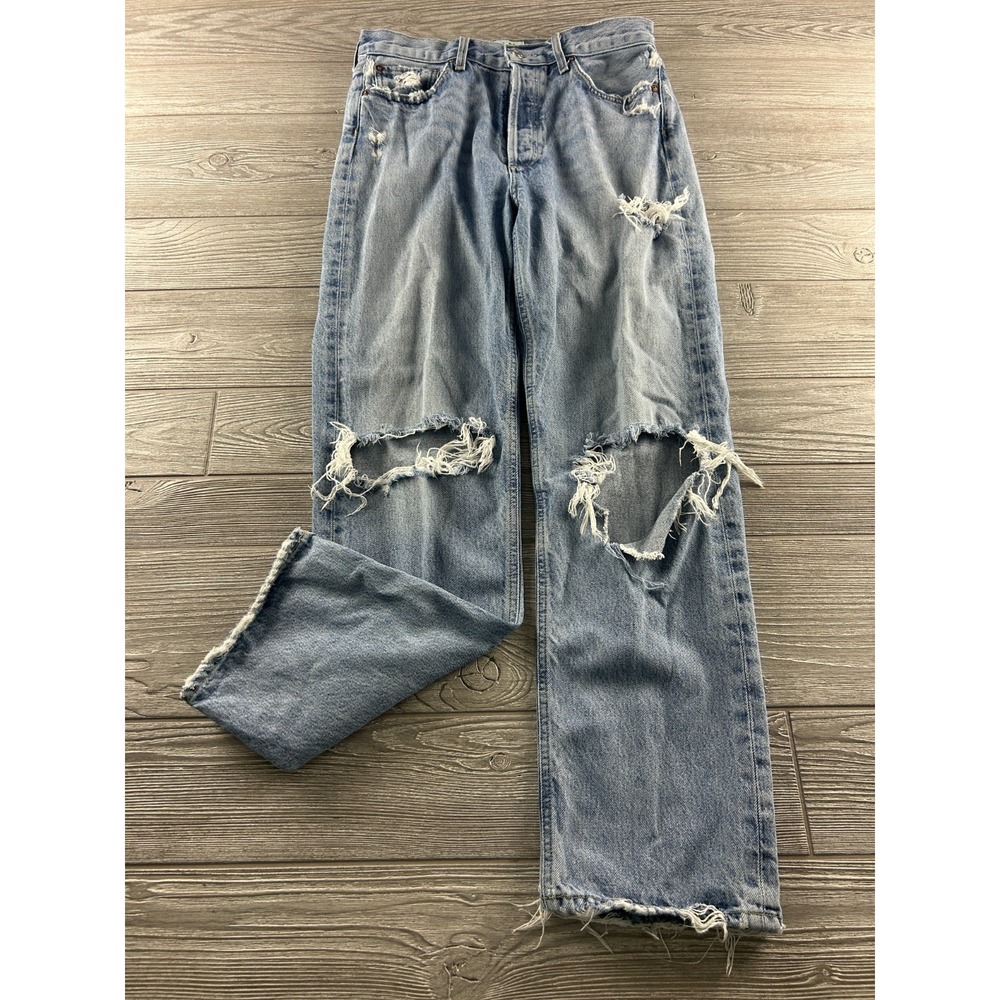 Agolde Womens Button Fly High Rise Distressed Straight Jeans Light Blue Size 27